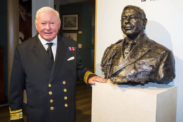 Sir Donald Gosling stands beside a bust of himself which was unveiled by HRH the Princess Royal at the National Museum of the Royal Navy in Portsmouth to officially open the new Babcock Galleries in her role as patron of the NMRN. Photo: Christopher Ison