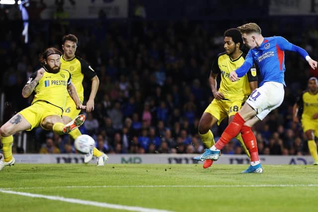 Ronan Curtis scores for Pompey in the 39th minute Picture: Joe Pepler
