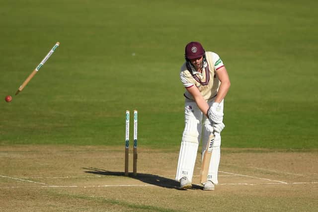 Josh Davey of Somerset is bowled by Kyle Abbott