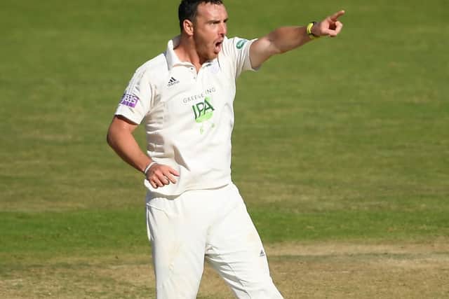 Kyle Abbott of Hampshire celebrates one of his 17 wickets against Somerset