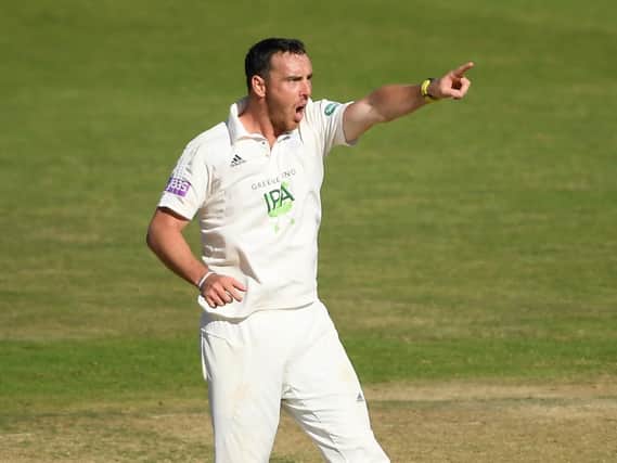 Kyle Abbott of Hampshire celebrates one of his 17 wickets against Somerset