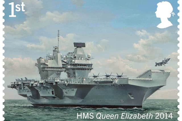 Royal Mail undated handout photo of one of their set of eight stamps commemorating Royal Navy ships from 500 years of maritime history.  Pictured is HMS Queen Elizabeth Photo: Royal Mail/PA Wire