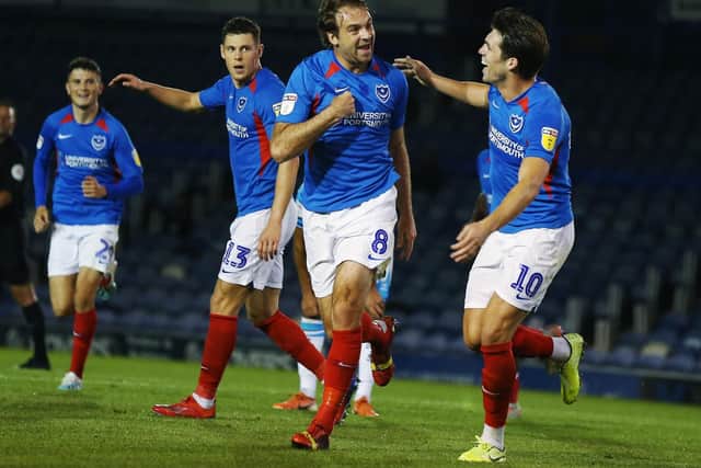 Portsmouth's Brett Pitman scores his first goal of the match during the EFL Trophy match between Portsmouth and Crawley Town at Fratton Park, Portsmouth, England on 3 September 2019. Photo by Joe Pepler.