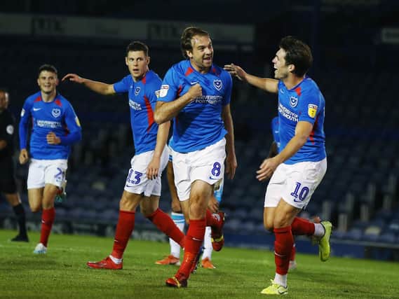 Portsmouth's Brett Pitman scores his first goal of the match during the EFL Trophy match between Portsmouth and Crawley Town at Fratton Park, Portsmouth, England on 3 September 2019. Photo by Joe Pepler.