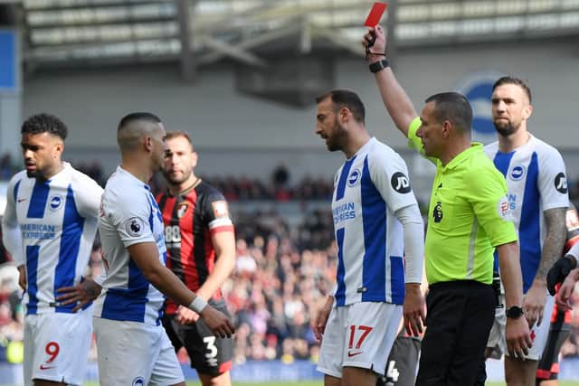 Kevin Friend shows Brighton's Anthony Knockaert a red card against Bournemouth last season  Picture: Mike Hewitt/Getty Images