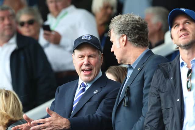 Pompey v Saints will be no laughing matter with the eyes of owner Michael Eisner on the game. Pictured here at the Transmere Rovers fixture with comedian Will Ferrell on August 10. Picture: Joe Pepler