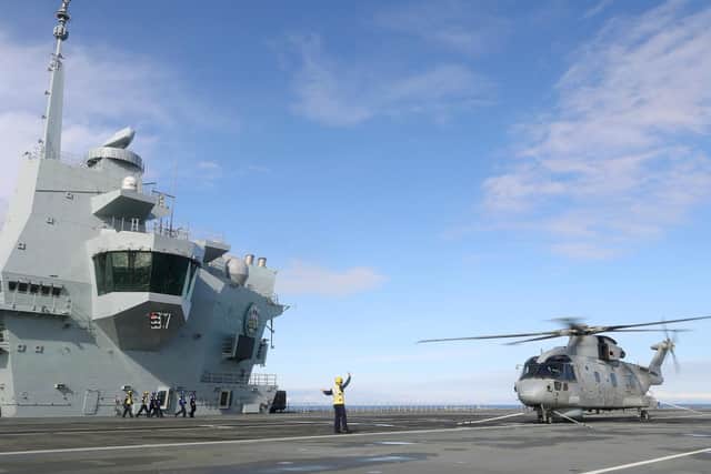 HMS Prince of Wales ticked off another huge landmark during her sea trials with the landing on deck of a Merlin from 820 Naval Air Squadron. Picture: LPhot Pepe Hogan/ MoD