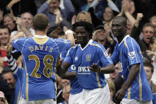 Benjani celebrates a goal in Pompey's record-breaking Premier League fixture with Reading in 2007