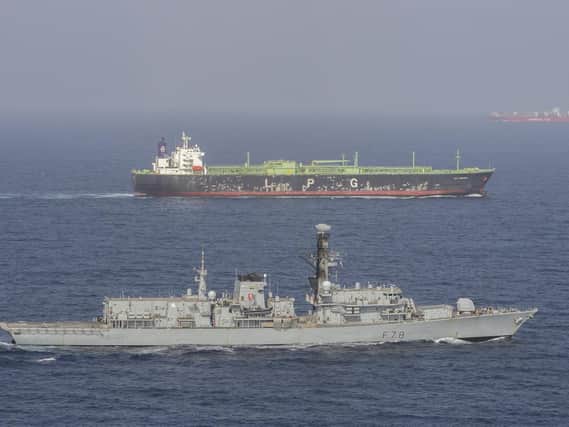 HMS Kent accompanies British shipping through the Strait of Hormuz. Picture: LPhot Dan Rosenbaum, HMS Kent