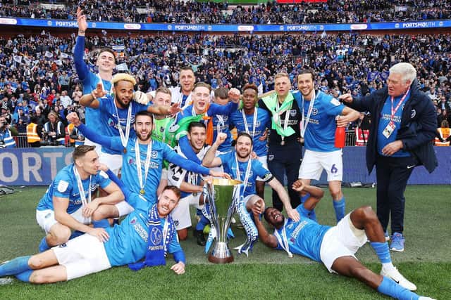 Pompey celebrate their EFL Trophy at Wembley. Picture: Joe Pepler