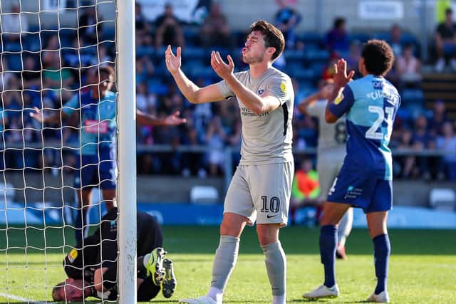 A frustrated John Marquis has been too isolated in Pompey's attack, but the 4-4-2 system is seen by Kenny Jackett as the answer. Picture: Nigel Keene/ProSportsImages