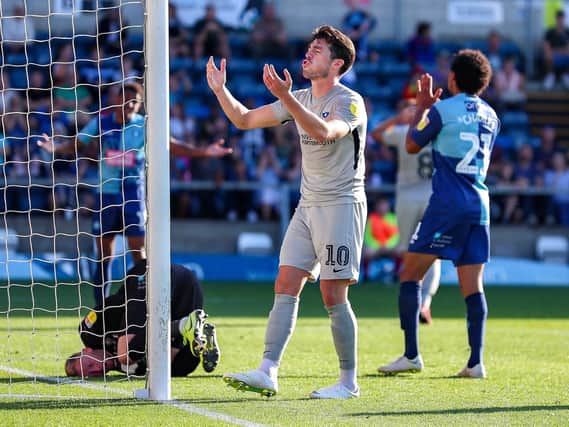 A frustrated John Marquis has been too isolated in Pompey's attack, but the 4-4-2 system is seen by Kenny Jackett as the answer. Picture: Nigel Keene/ProSportsImages