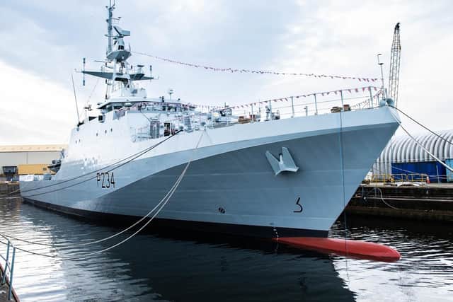 HMS SPEY, the last of five cutting-edge Offshore Patrol Vessels (OPVs) procured for the Royal Navy has been formally named on the Clyde today. Photo: MoD/Beth Squire