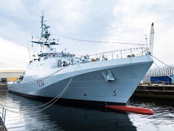 HMS SPEY, the last of five cutting-edge Offshore Patrol Vessels (OPVs) procured for the Royal Navy has been formally named on the Clyde today.  Photo: MoD/Beth Squire