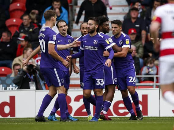 Pompey celebrate Gareth Evans' goal against Doncaster  Daniel Chesterton/PinPep)