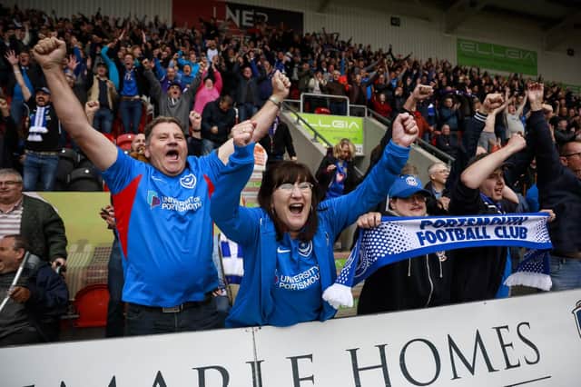 The Pompey fans celebrate at full time   Picture: Daniel Chesterton/PinPep