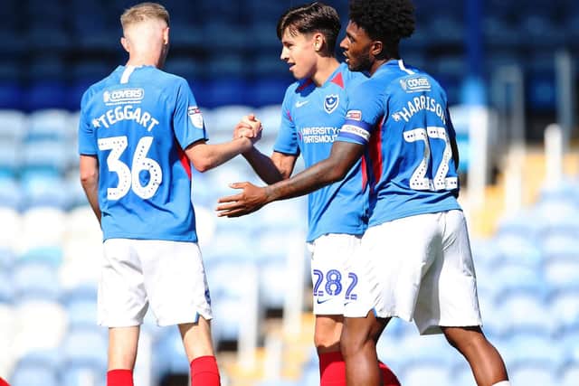 Portsmouth's Josh Flint celebrates scoring his first goal.