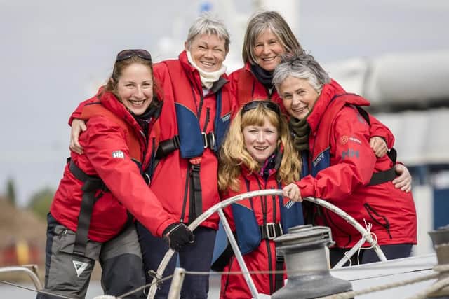 Tracy Edwards MBE, second from left, and crew reunited with Maiden 27 years after sailing into the history books. Christopher Ison/PA Wire.