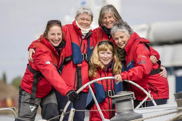 Tracy Edwards MBE, second from left, and crew reunited with Maiden 27 years after sailing into the history books. Christopher Ison/PA Wire.