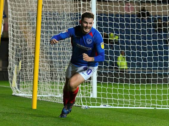 Bradley Lethbridge celebrates his maiden senior goal for Pompey. Picture: Graham Hunt