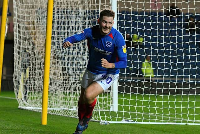 Bradley Lethbridge celebrates his maiden senior goal for Pompey. Picture: Graham Hunt
