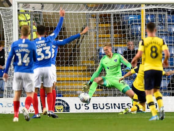 Alex Bass pulls off yet another superb stop during a man-of-the-match performances in last night's Leasing.com Trophy fixture at Oxford United. Picture: Graham Hunt/ProSportsImages