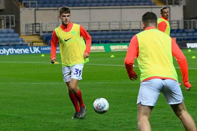 Harvey Rew warming up ahead of his Pompey debut at Oxford United in the Leasing.com Trophy. Picture: Graham Hunt/ProSportsImages