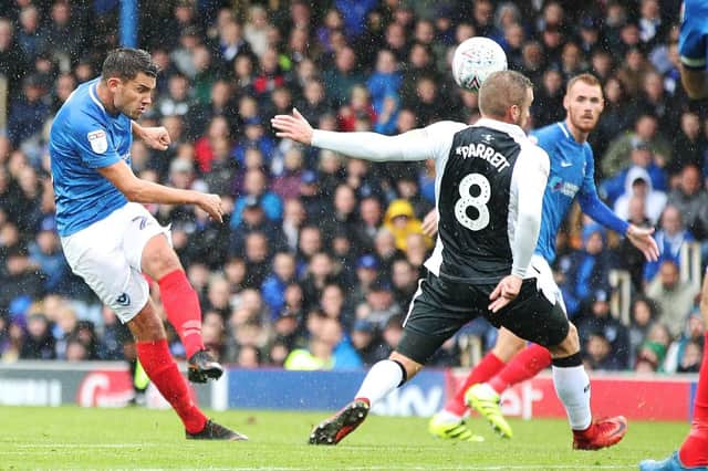 Gareth Evans takes a shot during Pompey's 2-0 loss to Gillingham at Fratton Park last season. Picture: Joe Pepler