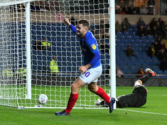 Bradley Lethbridge celebrates his maiden Pompey goal during the 2-2 draw with Oxford United in the Leasing.com Trophy. Picture: Graham Hunt/ProSportsImages