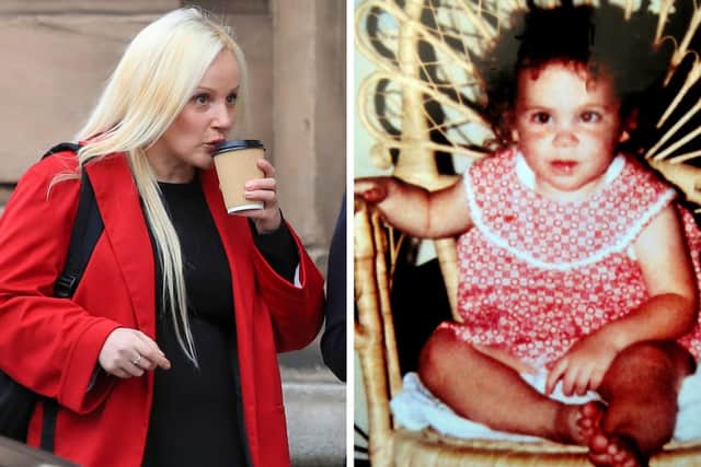 Heidi Robinson, who has pleaded guilty to a malicious communications offence after impersonating missing toddler Katrice Lee online. Inset image of 18-month-old Katrice Lee. Picture: Peter Byrne/PA Wire