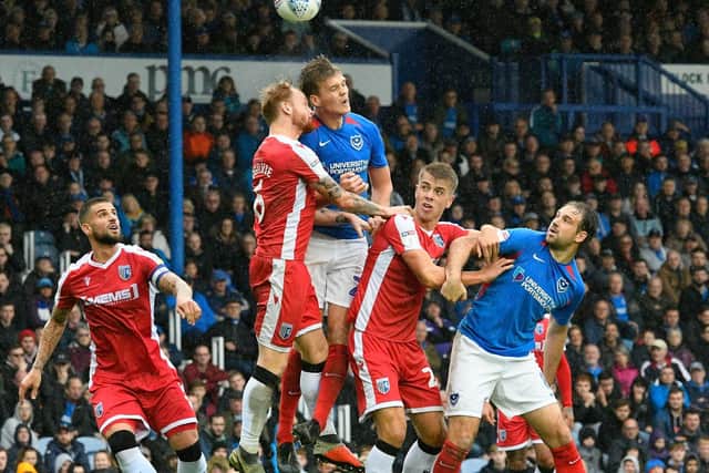 Sean Raggett (struck the post for Pompey against Gillingham. Picture: Graham Hunt
