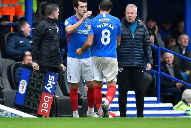 Brett Pitman came off and was replaced by John Marquis during Pompey's 0-0 draw with Gillingham. Picture: Graham Hunt/ProSportsImages