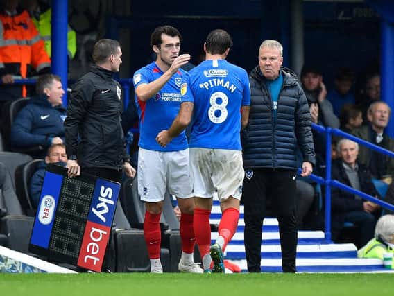 Brett Pitman came off and was replaced by John Marquis during Pompey's 0-0 draw with Gillingham. Picture: Graham Hunt/ProSportsImages