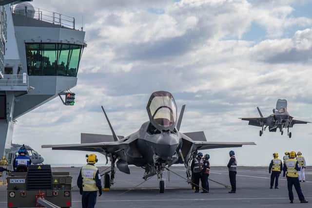 Ministry of Defence photo of a UK F-35 Lightning jet on HMS Queen Elizabeth for the first time.