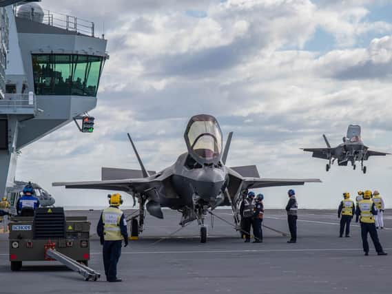 Ministry of Defence photo of a UK F-35 Lightning jet on HMS Queen Elizabeth for the first time.
