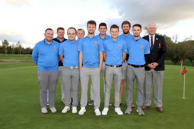 Hampshire Colts, who lost the South East League Colts Final 9-3 against Essex at Weybridge Park GC. From left - Sam Lemon (Liphook) Nat Riddett (Shanklin & Sandown, manager), Chris Hayward (Osborne), Jordan Stokes (La Moye), Owen Grimes (Stoneham), Josh Smeed (Hayling), Lewis Scott (Lee-on-the-Solent), Sam Parsons (Blackmoor), Tom Vaughan (Bishopswood), Alan Drayton (Hampshire Golf president, Stoneham).