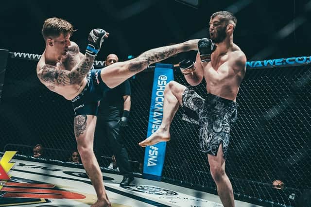 Kye Stevens on his way to winning the amateur welterweight title at Shock N Awe 29. Picture: Mat Rydzik/ Shock N Awe