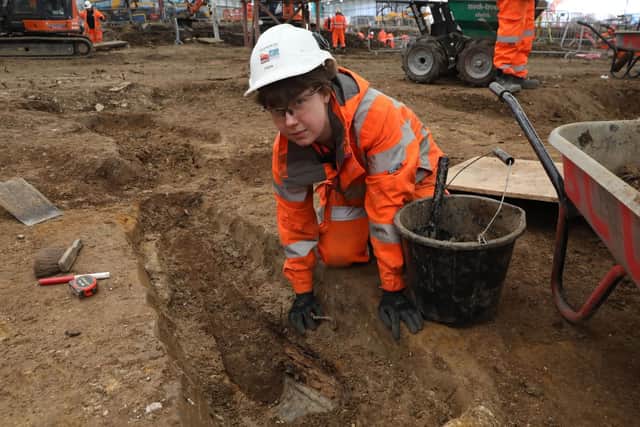 Archaeologists working on the HS2 project in St. James's burial ground, Euston Picture: HS2/PA Wire