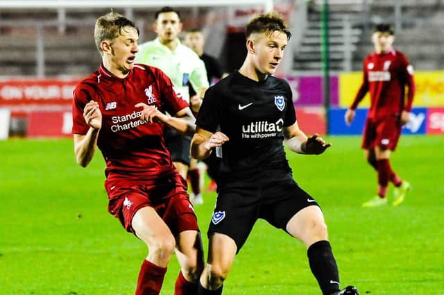 Pompey Academy defender Ethan Robb in action against Liverpool in the FA Youth Cup last season. Picture: Colin Farmery