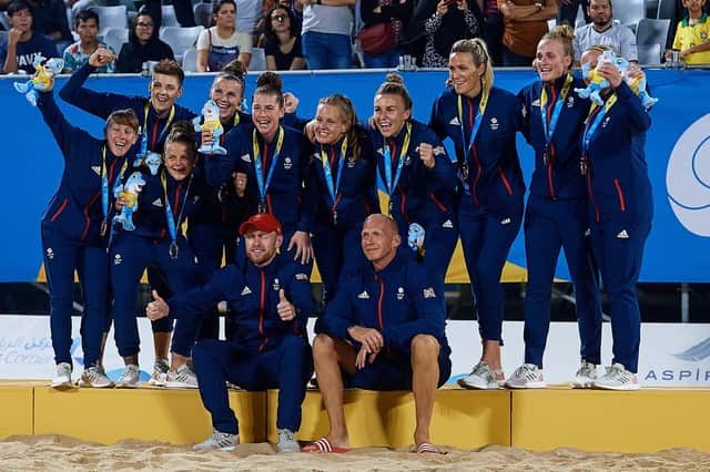 GB celebrate winning the silver medal at the World Beach Games in Doha