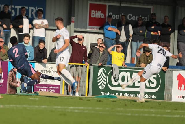 Alfie Rutherford scores Hawks' FA Cup consolation against Dulwich Hamlet