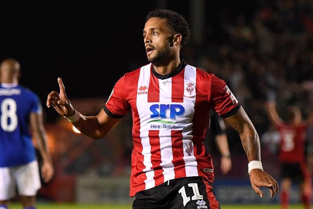 Bruno Andrade celebrates scoring for Lincoln against Everton. Picture: Laurence Griffiths/Getty Images