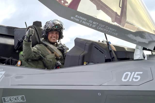 Pictured is F-35 pilot Lieutenant Commander Matt Fooks-Bale, 38, who will be flying the F-35 for the last time off HMS Queen Elizabeth next month. Photo: Royal Navy