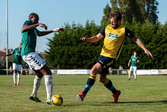 Steve Hutchings, right, scored twice in Moneyfields' amazing win at Melksham tonight