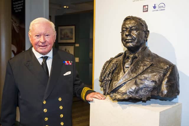 Sir Donald Gosling stands beside a bust of himself which was unveiled by HRH the Princess Roya at the National Museum of the Royal Navy in Portsmouth in June, 2014. Photo: Christopher Ison/NMRN