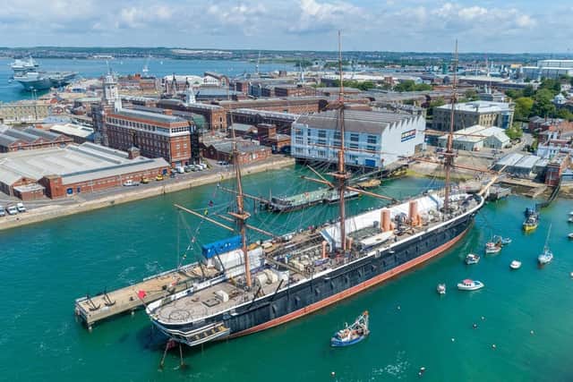 HMS Warrior, centre, with Portsmouth Historic Dockyard in the background. Picture: Shaun Roster