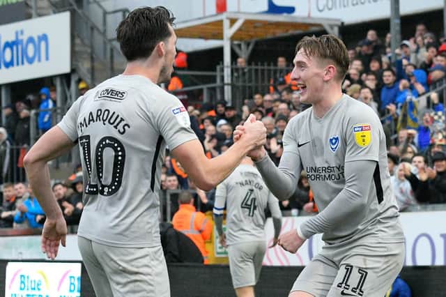 Ronan Curtis, right, celebrates his goal with John Marquis