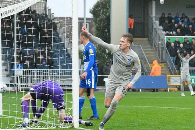 Ronan Curtis celebrates after netting on his Pompey return to the side in Saturday's 2-2 draw at Bristol Rovers. Picture: Graham Hunt/ProSportsImages