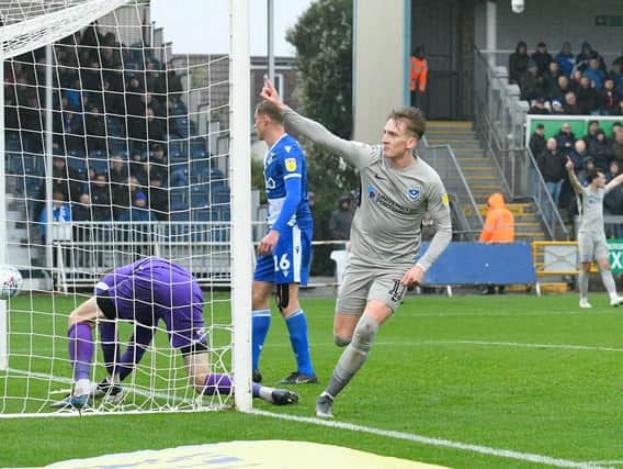 Ronan Curtis celebrates after netting on his Pompey return to the side in Saturday's 2-2 draw at Bristol Rovers. Picture: Graham Hunt/ProSportsImages