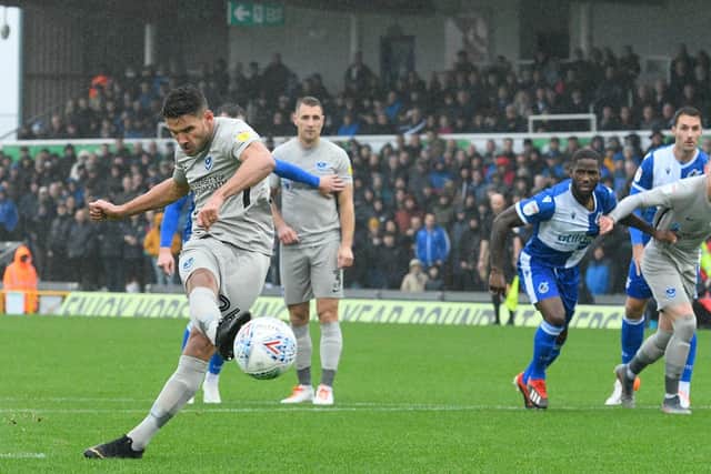 Gareth Evans opened the scoring from the penalty spot for Pompey at Bristol Rovers. Picture: Graham Hunt